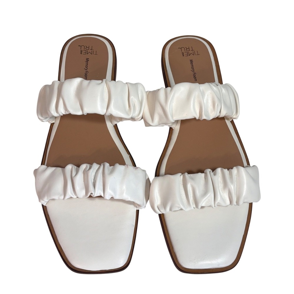 Time and Tru Womens White‎ Ruched Double Strap Square Toe Slide Sandals Size 11